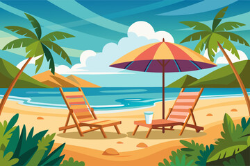 Canvas chairs with parasol on a beautiful beach