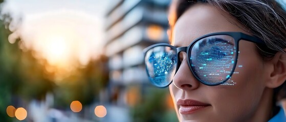 Portrait of a focused and dedicated professional woman wearing eyeglasses and reflecting digital data and coding on a computer screen in an urban office setting during a vibrant sunset