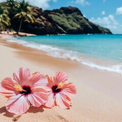 Two pink hibiscus flowers on a white sandy beach with blue ocean and green mountains in the background.