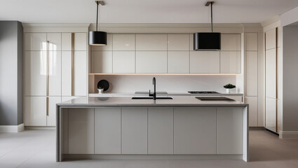 AI generative. 3d render of minimal design of interior pantry of white ambiance. 1