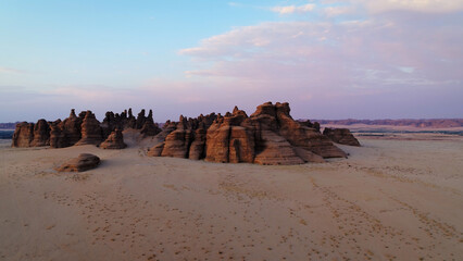 Beautiful red rocks in Saudi Arabian desert - high, wide shot