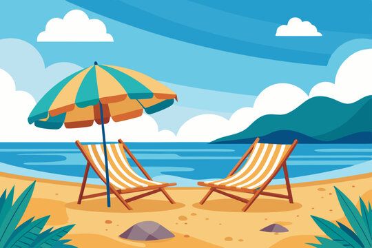 Canvas chairs with parasol on a beautiful beach
