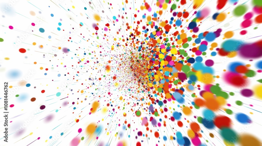 Poster A burst of colorful dots expanding outward from a central point, symbolizing the spreading influence and impact of inclusive actions and diverse contributions, minimalist style