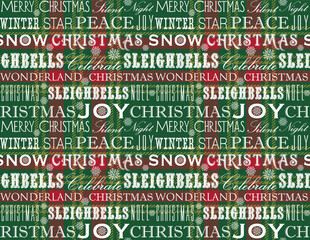 Various Christmas Wordings Seamless Pattern with Snowflakes on Plaid Background- Christmas  Text and Plaid Vector Illustration