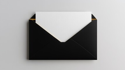 Professional overhead view, with a white blank card placed on a black envelope and gold foil edges, placed on a flat white background to create a simple and elegant stationery design