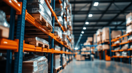 Fototapeta premium spacious warehouse interior with shelves filled with stacked pallets and boxes, showcasing organized storage environment