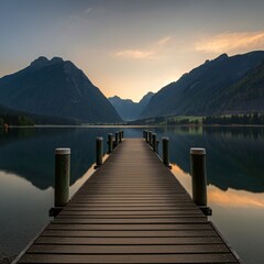 Fototapeta premium Calm lakeside scene with a wooden pier and mountains in the background
