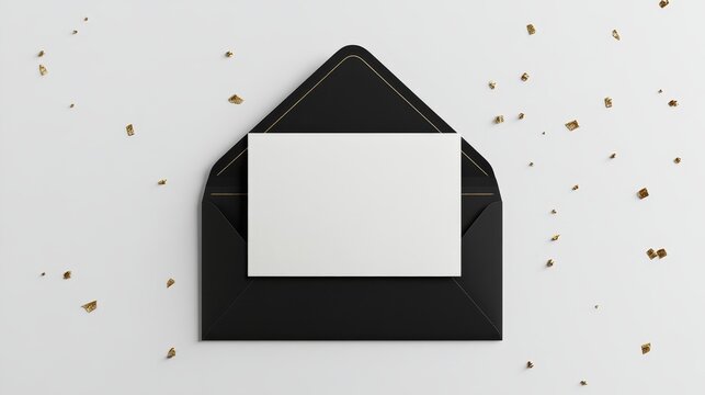 Professional overhead view, with a white blank card placed on a black envelope and gold foil edges, placed on a flat white background to create a simple and elegant stationery design