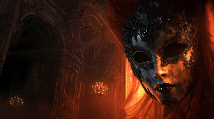 Elaborate, ornate mask with a ghostly glow in a shadowy, decrepit ballroom, eerie ambiance, high detail, haunting and macabre. Baroque. Illustration