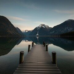 Obraz premium Calm lakeside scene with a wooden pier and mountains in the background