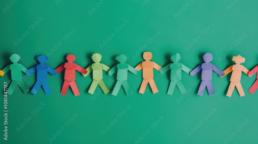 Poster A chain of multicolored paper dolls on a solid green background representing unity, Emphasizing the strength in diversity and collaboration, minimalistic style