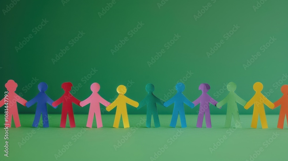 Poster A chain of multicolored paper dolls on a solid green background representing unity, Emphasizing the strength in diversity and collaboration, minimalistic style