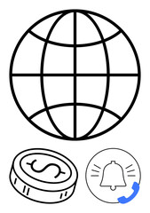 Globe with grid representing global connectivity, coin with dollar sign symbolizing finance, and bell with a notification mark indicating alerts. Ideal for business, finance, communication
