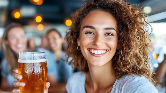Cheerful young woman with curly hair smiling and enjoying a glass of beer while socializing with friends in a cozy and lively restaurant or bar environment creating a sense of joyful camaraderie