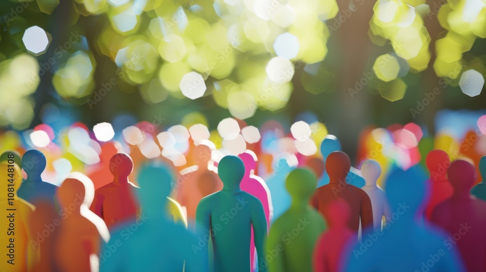 Poster A cluster of 3D figures symbolizing diversity against a softly blurred university campus backdrop, Representing inclusivity in higher education, photography style