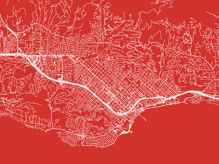 Christmas Map of Santa Barbara California, USA in Snowy White on Festive Red Background.