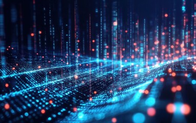 Obraz premium A dark blue background featuring glowing digital dots of light in the foreground, symbolizing the interconnectivity and data-driven nature of modern technology. 
