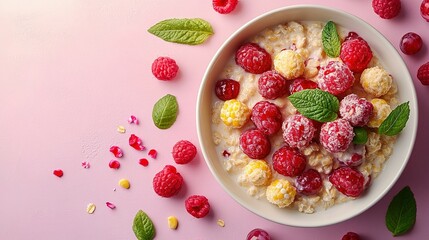 Oatmeal with Raspberries, Corn, and Mint Leaves on Pink Background