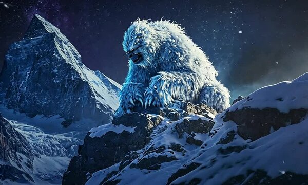 A majestic yeti sits atop snowy mountains under a starry sky, evoking mystery and wonder.