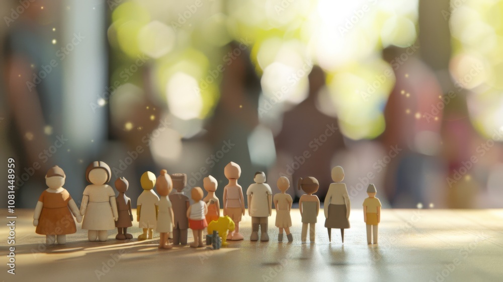 Poster a cluster of 3d representations of diverse family structures against a softly blurred home garden, r