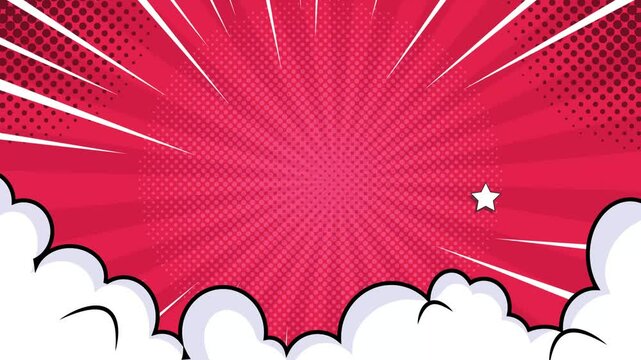 vibrant comic style background with clouds and stars on red background seamless 4k video background motion pop art design