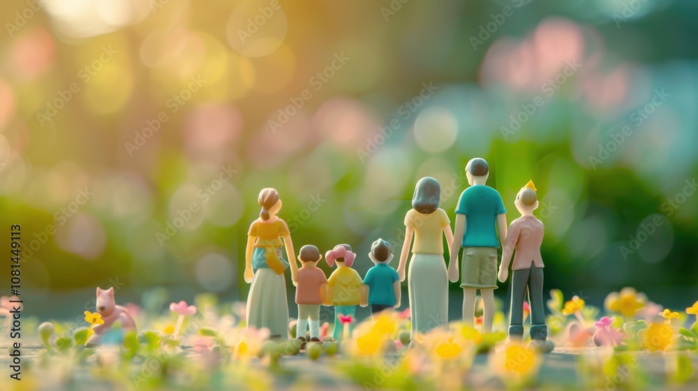 Poster a cluster of 3d representations of diverse family structures against a softly blurred home interior,