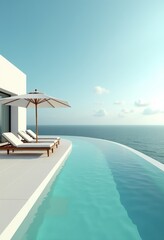 Obraz premium Experience Oceanfront Luxury: Stunning Infinity Pool, Circular Sunbeds, and Clean White Architecture at a High-End Resort 