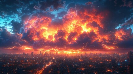 Fiery Sky Above a Cityscape at Night