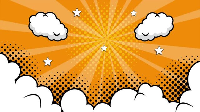 comic style background with clouds and stars on orange background seamless 4k video background motion pop art design