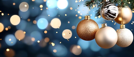 Elegant and luxurious golden and silver Christmas ornaments and baubles hanging on a dark glimmering and festive background with sparkling lights