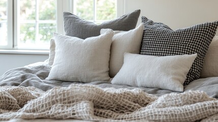 A bed with a white and gray linen bedding set and a white throw blanket.