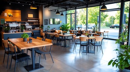 Cozy and Inviting Modern Cafe Interior with Brick Walls Wooden Tables and Comfortable Seating Arrangements Ideal for Casual Dining Business Meetings and Shared Workspace