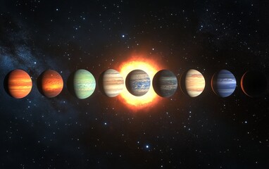 A depiction of the solar system showcasing the planets in orbit around the sun.