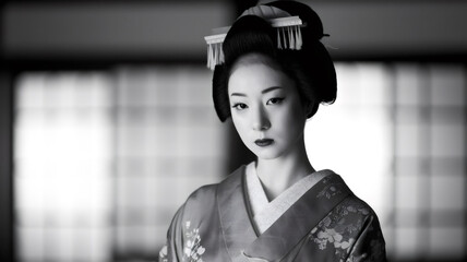 Retro-style portrait of a geisha with traditional makeup and kimono, Japanese elegance