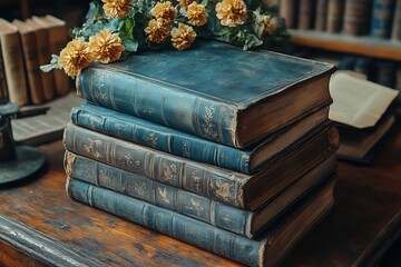 Stack of Antique Blue Hardcover Books with Yellow Flowers