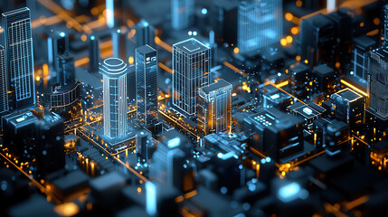 vibrant 3D isometric city view showcasing digital smart city architecture, illuminated with blue and orange lights, highlighting modern skyscrapers and urban design