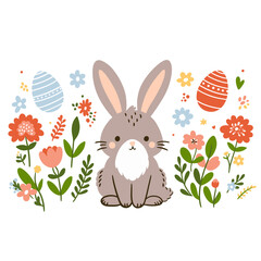 Vector set of easter elements with bunny, flowers, eggs. Easter chicken on the lawn.	
