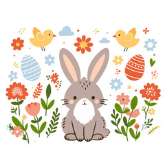Obraz premium Vector set of easter elements with bunny, flowers, eggs. Easter chicken on the lawn. 