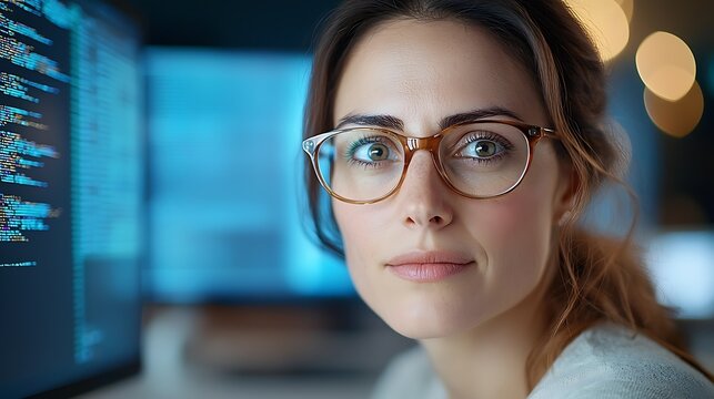 A focused female professional with glasses working intently on a computer screen in a modern office environment engaged in research analysis or coding