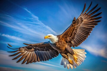 Fototapeta premium Majestic Bald Eagle in Flight: Captivating Fashion Photography of Nature's Icon, Soaring with Wings Spread Wide, Symbolizing Freedom and Strength