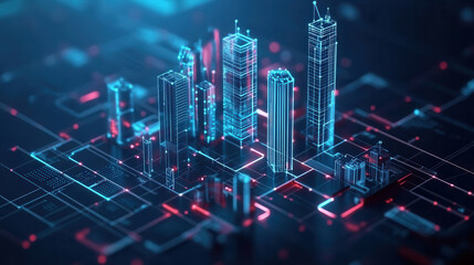 Obraz premium Futuristic city skyline with glowing buildings and digital connections, showcasing technology and innovation in urban design