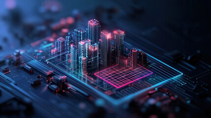 Fototapeta premium Futuristic cityscape on circuit board, glowing buildings, neon lights, technology concept, digital architecture, urban landscape, cyberpunk style, innovation, modern design, abstract art