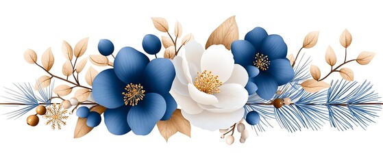 Elegant and Romantic Floral Arrangement Featuring Blue and White Flowers Golden Foliage and Delicate Botanical Elements in a Soft Stylish Composition
