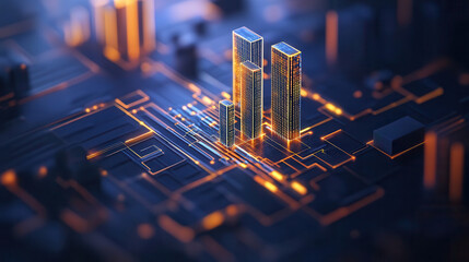 Futuristic cityscape with glowing skyscrapers and circuit patterns, showcasing technology and innovation in urban design