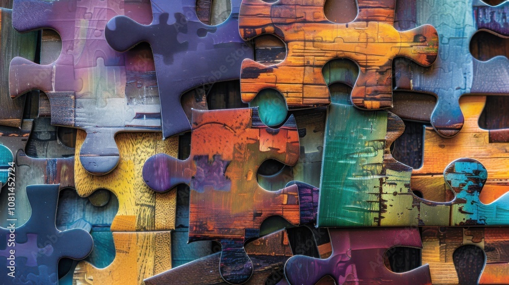 Poster a collage of puzzle pieces in varied shapes and textures fitting together, representing the collecti