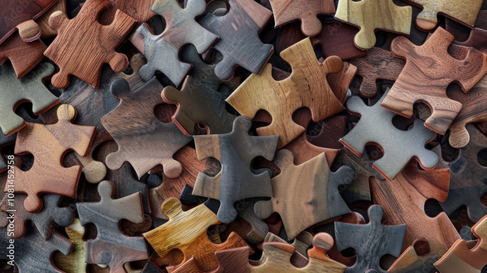Poster a collage of puzzle pieces in varied shapes and textures fitting together, representing the collecti