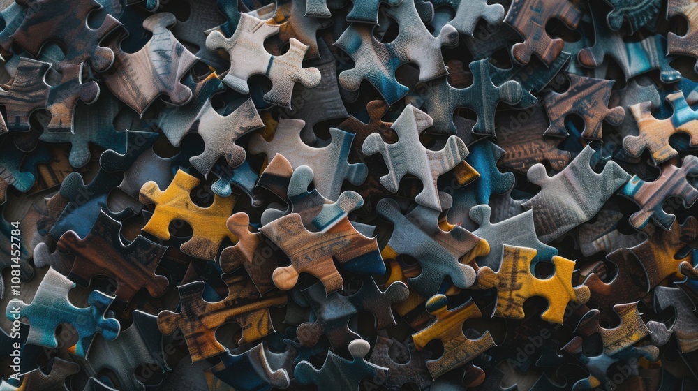 Poster a collage of puzzle pieces in varied shapes and textures fitting together, representing the collecti