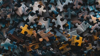 Obraz premium A collage of puzzle pieces in varied shapes and textures fitting together, Representing the collective strength and unity found in diversity, photography style