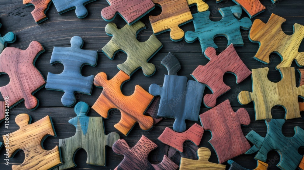 Poster A collection of differently shaped puzzle pieces fitting into a unified whole, Symbolizing the strength of diversity in problem-solving, photography style