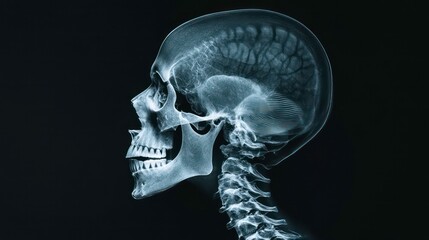 X-ray image showcasing a human skull, detailed view of cranial structure, in a dark background